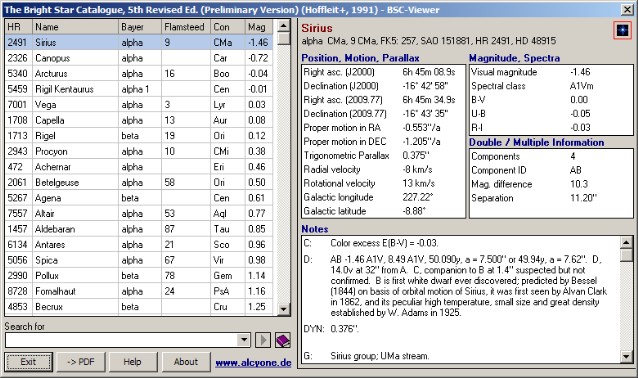 Bright Star Catalogue Viewer screenshot